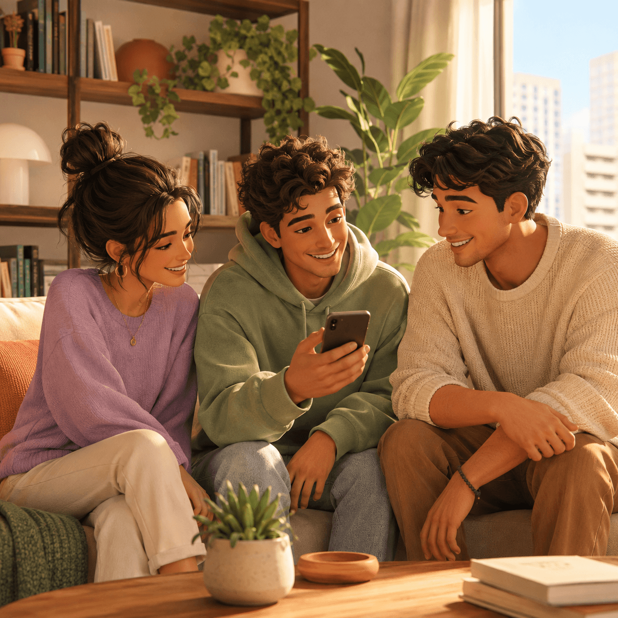 Editorial illustration of a fictional young woman and two young men getting to know one another in an apartment