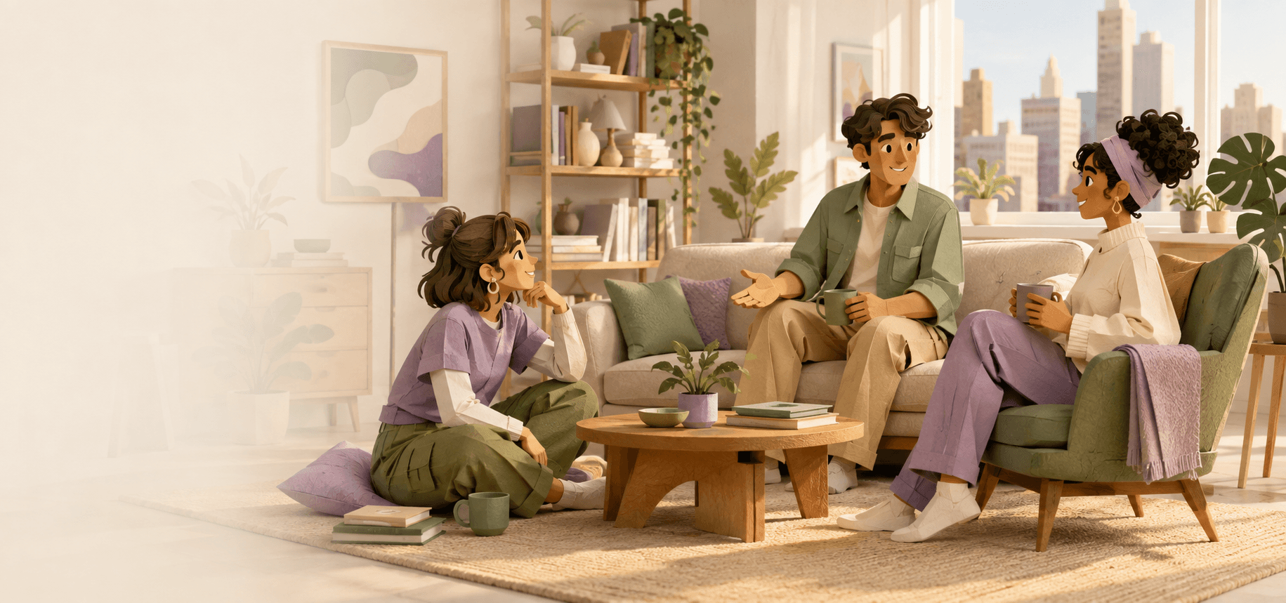 Editorial illustration of three fictional roommates talking in a bright city apartment